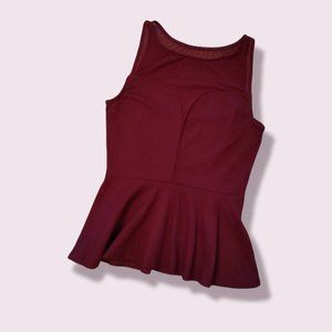 Maroon Stretchy Peplum Top w/ Mesh Cut-out